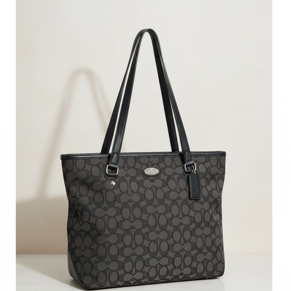 Authentic Coach Signature Black Grey Zip Top Tote Bag - Picture 3 of 13